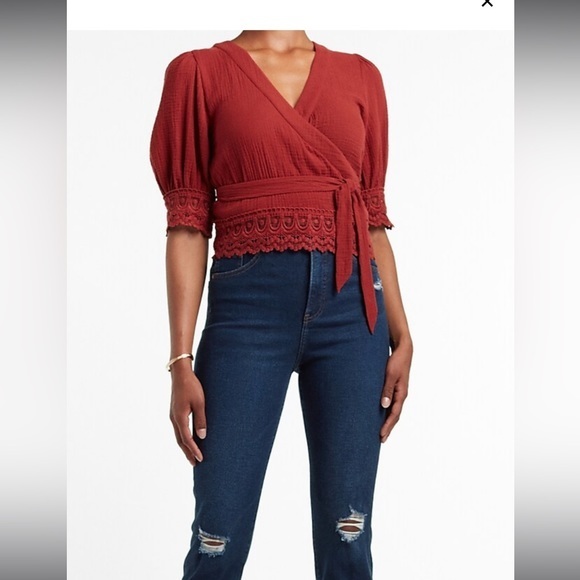 Express Tops - Express Women’s Textured Lace Trim‎ Belted Wrap Front Top. Medium. NWT